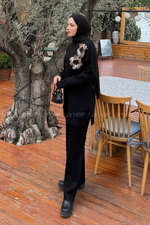 Lamelif Aksesuarlı Triko Takım Siyah