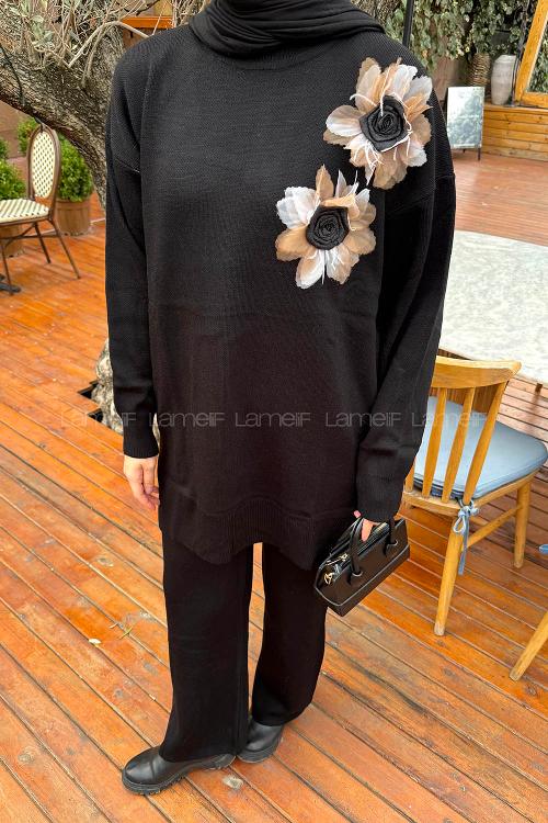 Lamelif Aksesuarlı Triko Takım Siyah