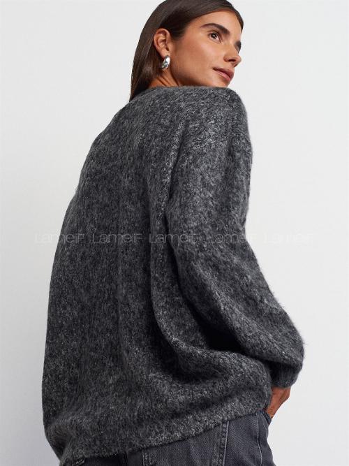 Lamelif Dilvin V Yaka Şardonlu Düğmeli Triko Hırka Antrasit