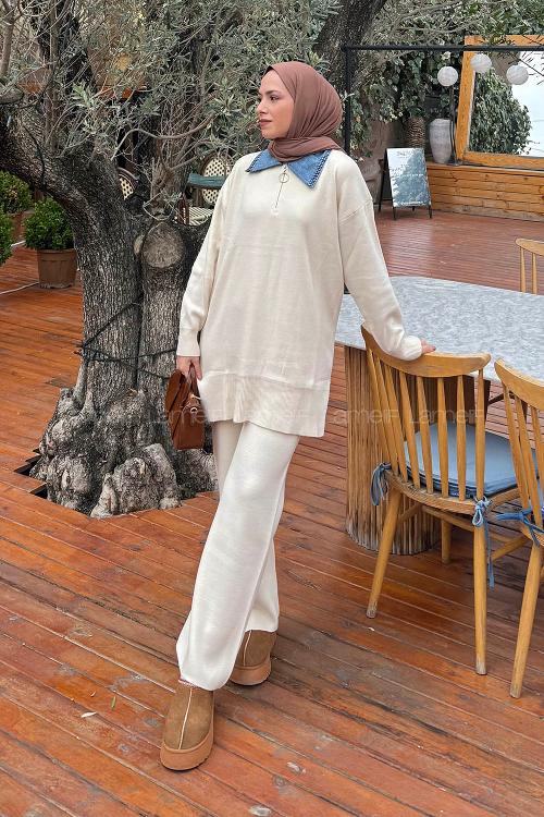 Lamelif Garnili Yaka Triko Takım Bej