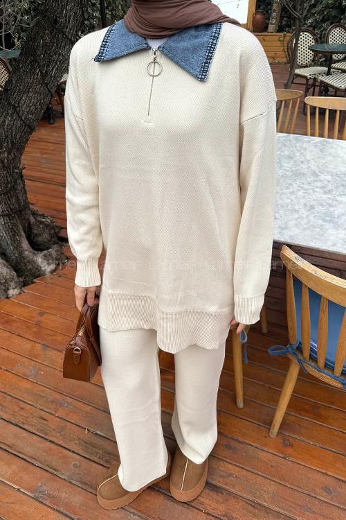 Lamelif Garnili Yaka Triko Takım Bej