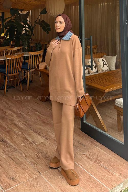 Lamelif Garnili Yaka Triko Takım Camel