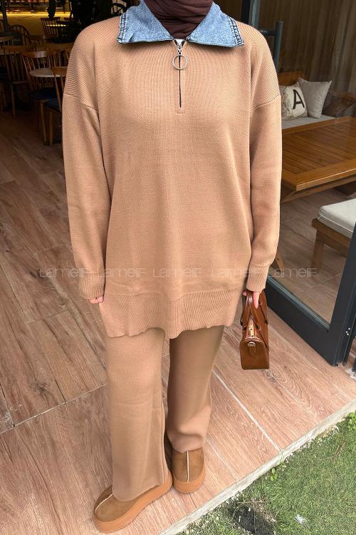 Lamelif Garnili Yaka Triko Takım Camel