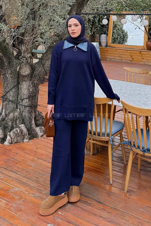 Lamelif Garnili Yaka Triko Takım Lacivert