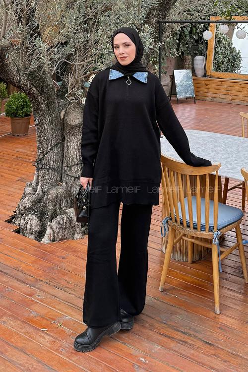 Lamelif Garnili Yaka Triko Takım Siyah