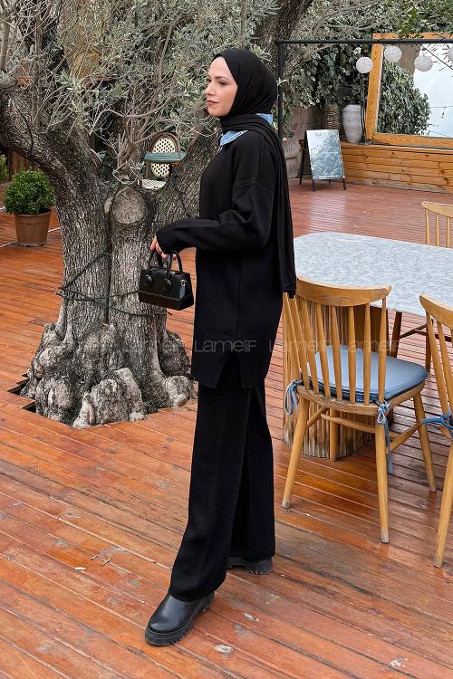 Lamelif Garnili Yaka Triko Takım Siyah