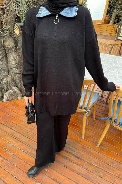 Lamelif Garnili Yaka Triko Takım Siyah