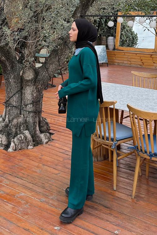 Lamelif Garnili Yaka Triko Takım Zümrüt Yeşili