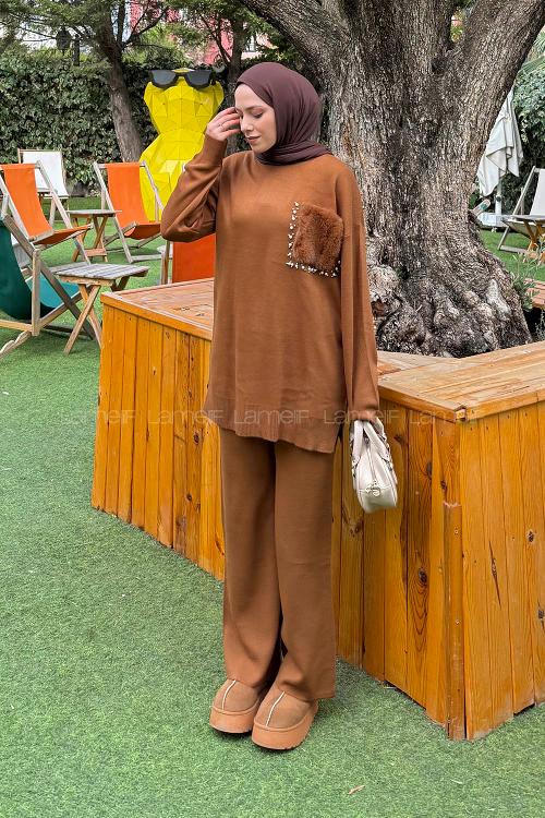 Lamelif Peluş Cep Triko Takım Camel