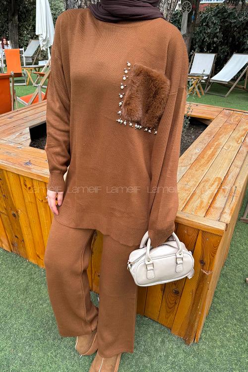 Lamelif Peluş Cep Triko Takım Camel