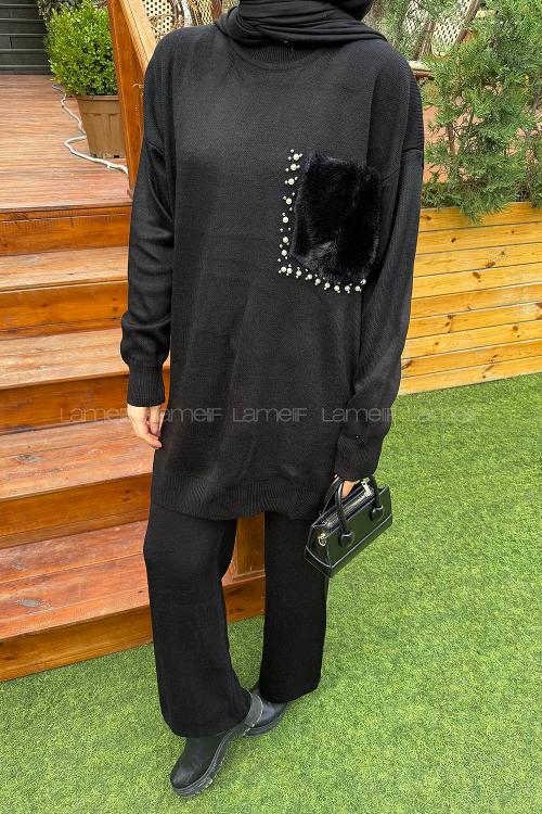 Lamelif Peluş Cep Triko Takım Siyah