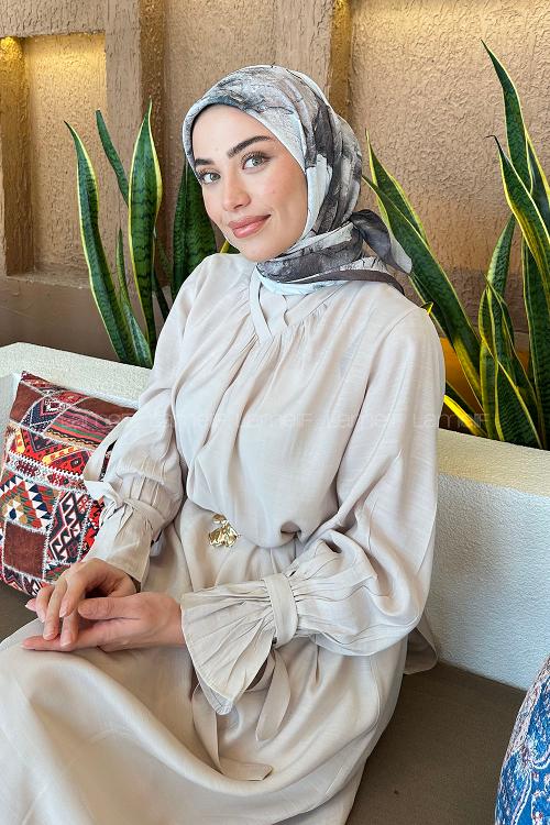 Lamelif Bohem Çiçek Desen Bambu Eşarp Acı Kahve