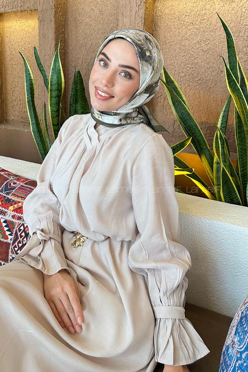 Lamelif Bohem Çiçek Desen Bambu Eşarp Asker Yeşili