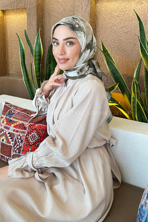 Lamelif Bohem Çiçek Desen Bambu Eşarp Asker Yeşili