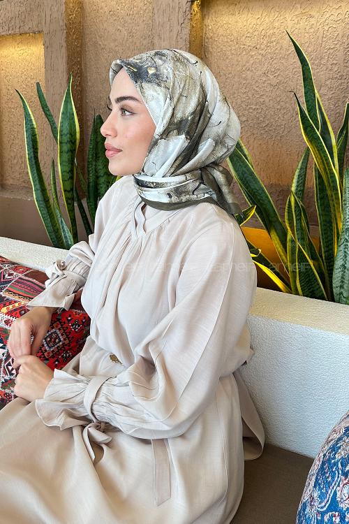 Lamelif Bohem Çiçek Desen Bambu Eşarp Asker Yeşili