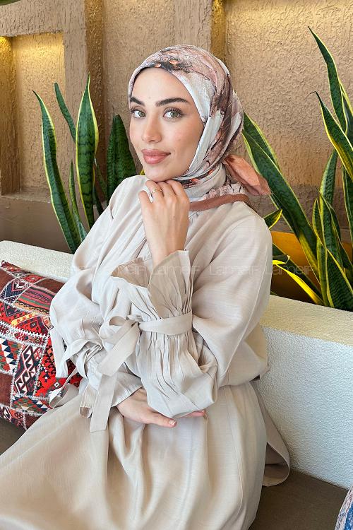 Lamelif Bohem Çiçek Desen Bambu Eşarp Badem