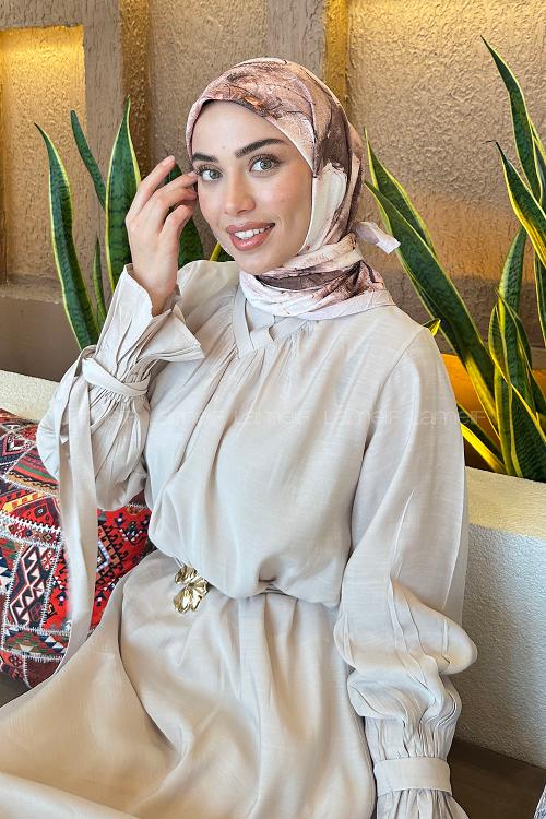 Lamelif Bohem Çiçek Desen Bambu Eşarp Camel