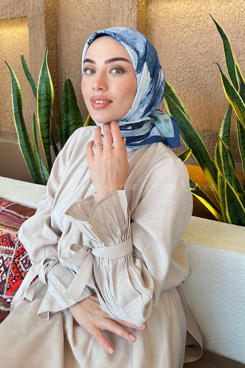 Lamelif Bohem Çiçek Desen Bambu Eşarp Gece Mavisi