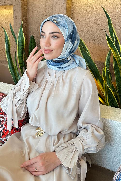 Lamelif Bohem Çiçek Desen Bambu Eşarp Gök Mavi