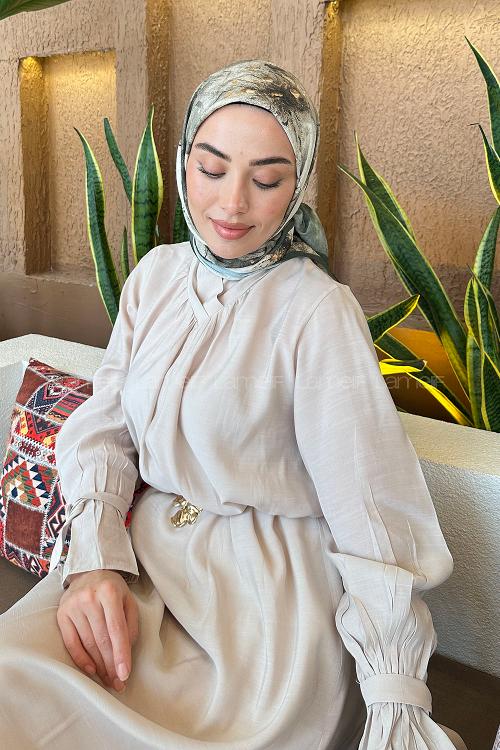 Lamelif Bohem Çiçek Desen Bambu Eşarp Haki