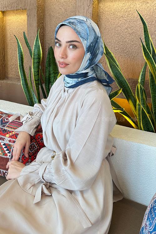 Lamelif Bohem Çiçek Desen Bambu Eşarp Lacivert