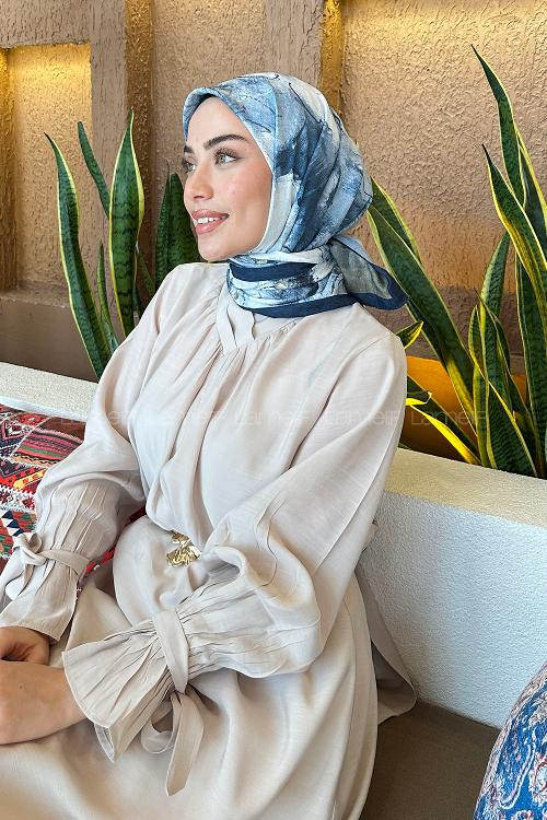 Lamelif Bohem Çiçek Desen Bambu Eşarp Lacivert