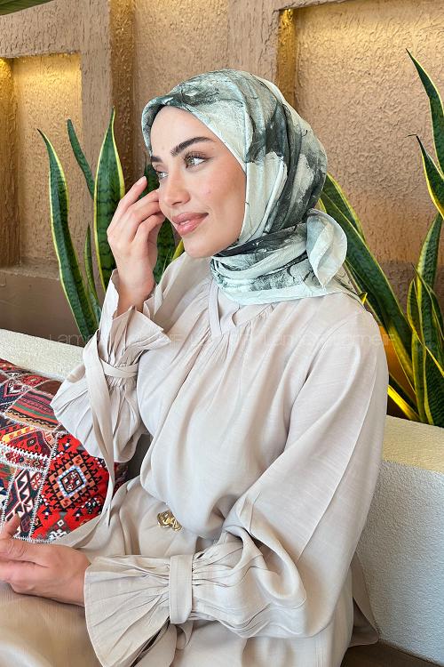 Water Green Cotton Fabric Striped Flowering Printed Scarf