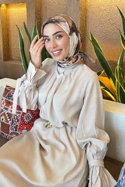 Lamelif Bohem Çiçek Desen Bambu Eşarp Sütlü Kahve