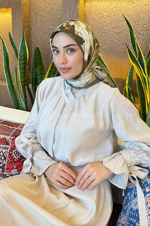 Lamelif Çiçek Desen Bambu Eşarp Asker Yeşili