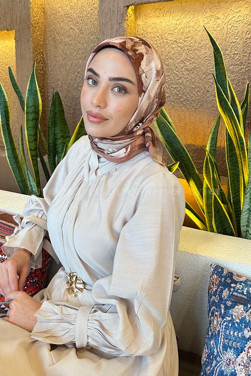 Lamelif Çiçek Desen Bambu Eşarp Badem