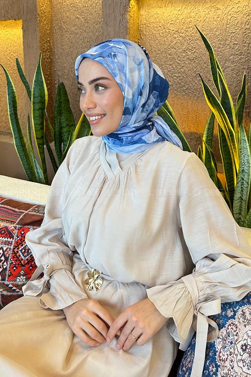 Lamelif Çiçek Desen Bambu Eşarp Bebe Mavisi