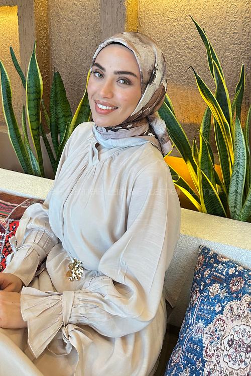 Lamelif Çiçek Desen Bambu Eşarp Camel