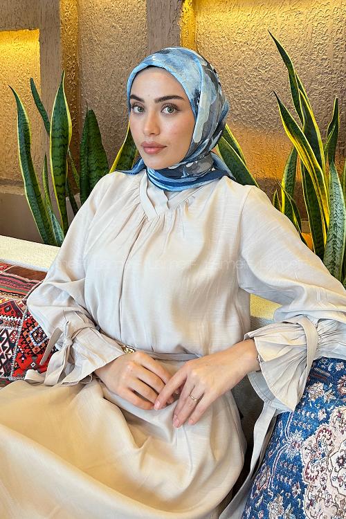 Midnight Blue Cotton Fabric Striped Flowering Printed Scarf