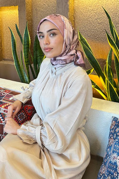 Lamelif Çiçek Desen Bambu Eşarp Gül Kurusu