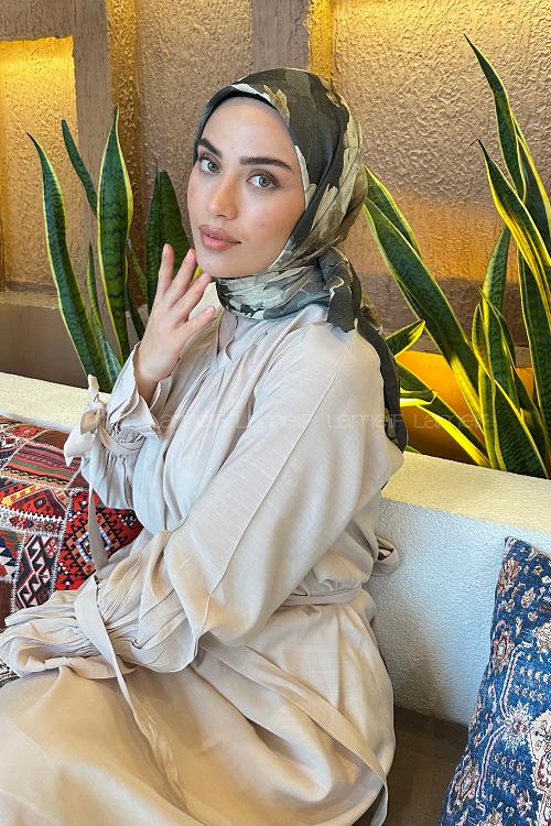 Lamelif Çiçek Desen Bambu Eşarp Haki