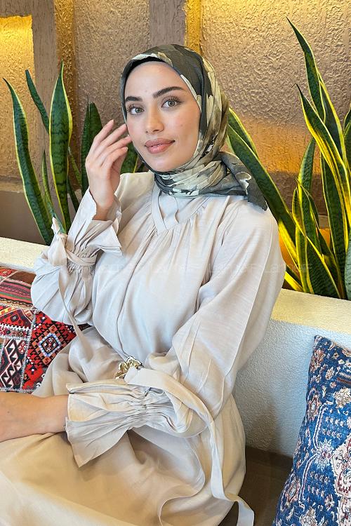 Lamelif Çiçek Desen Bambu Eşarp Haki