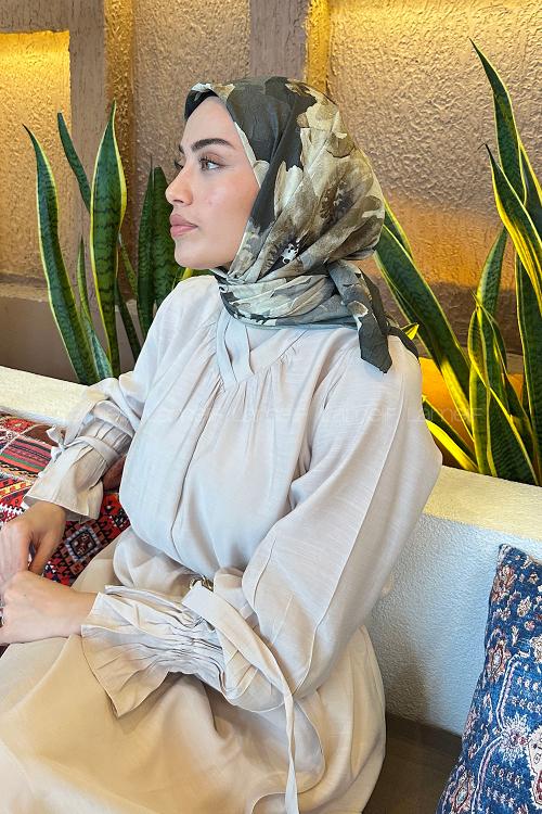 Lamelif Çiçek Desen Bambu Eşarp Haki