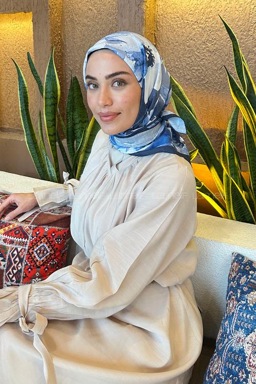 Navy Blue Cotton Fabric Striped Flowering Printed Scarf