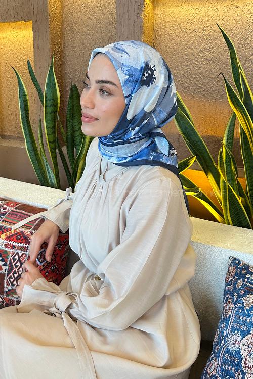 Navy Blue Cotton Fabric Striped Flowering Printed Scarf