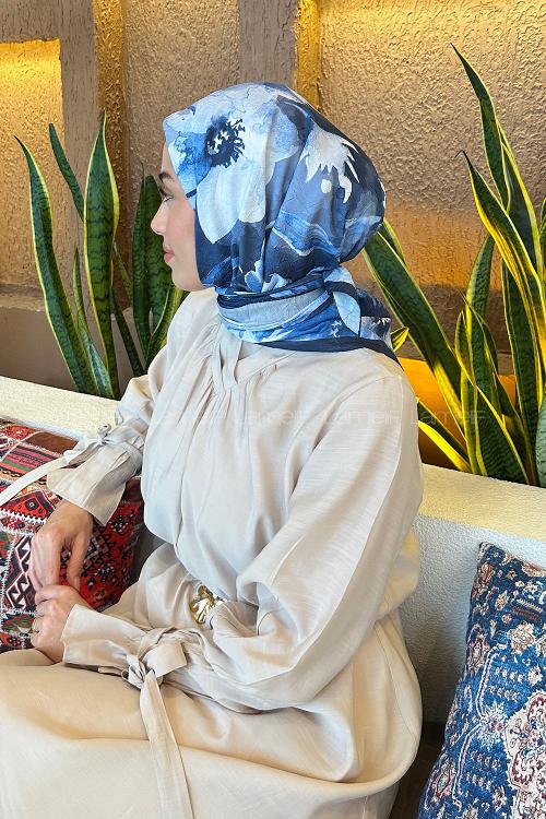 Navy Blue Cotton Fabric Striped Flowering Printed Scarf