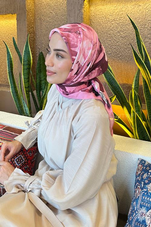 Lamelif Çiçek Desen Bambu Eşarp Şeker Pembe