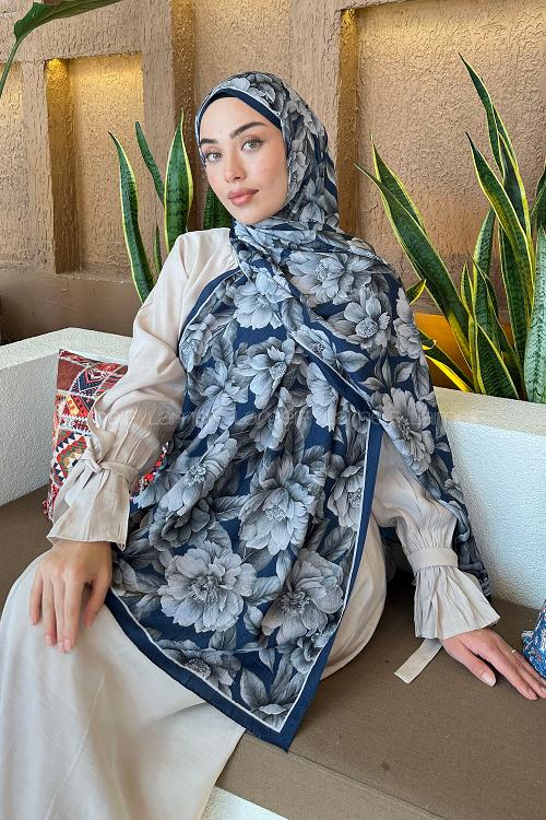 Lamelif Lotus Desen Bambu Şal Gece Mavisi