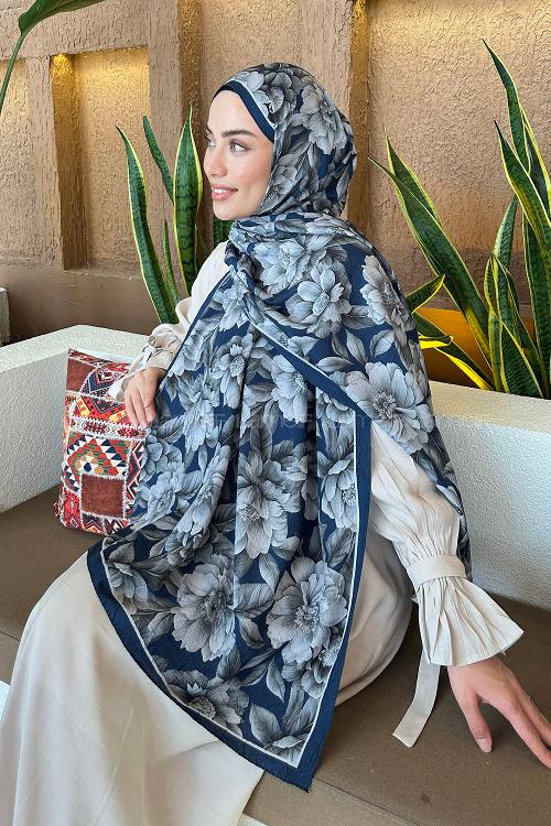 Lamelif Lotus Desen Bambu Şal Gece Mavisi