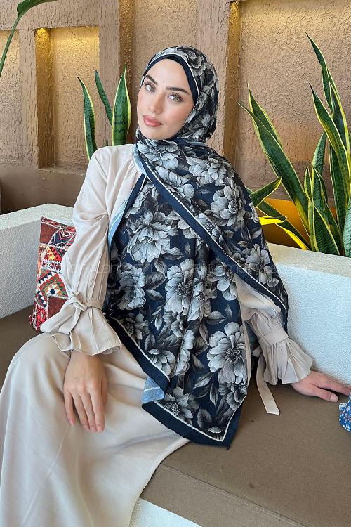 Lamelif Lotus Desen Bambu Şal Lacivert