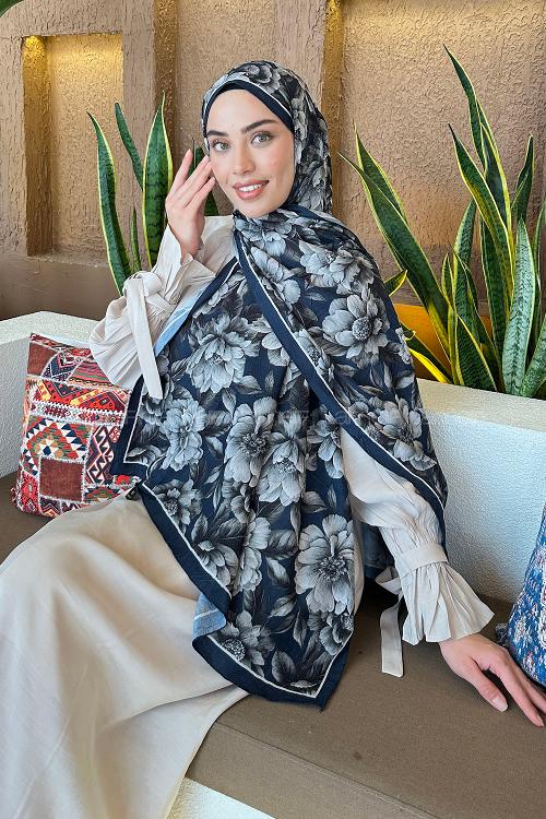 Lamelif Lotus Desen Bambu Şal Lacivert