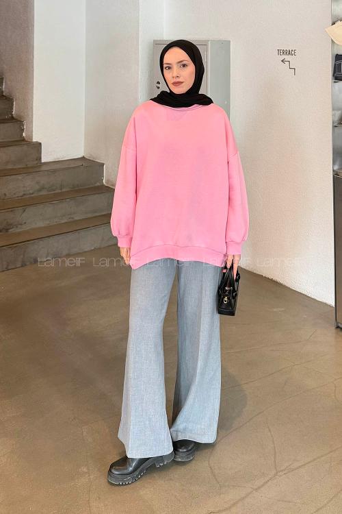 Lamelif Jasmin Bisiklet Yaka Oversize Sweat Şeker Pembe