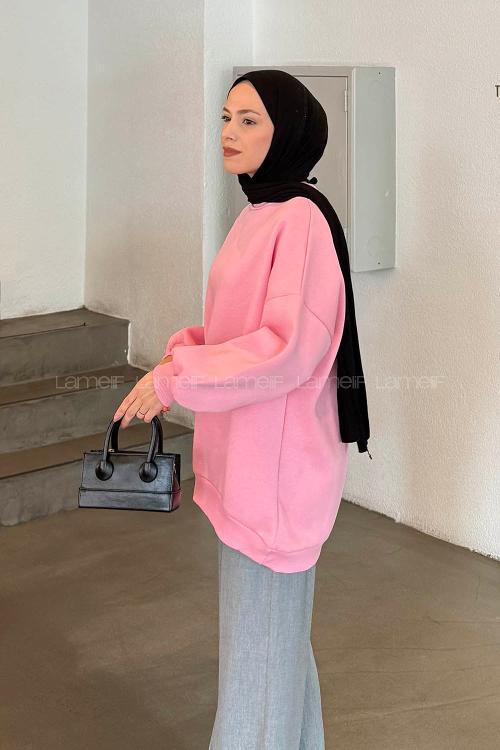 Lamelif Jasmin Bisiklet Yaka Oversize Sweat Şeker Pembe