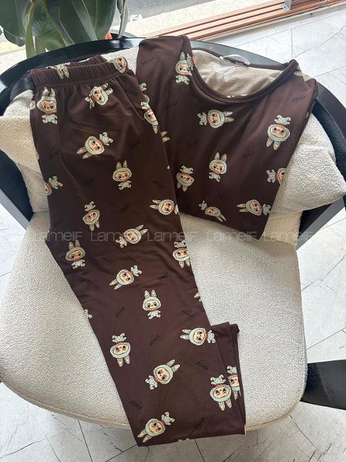 Lamelif  Labubu Desenli Pijama Takımı Kahve