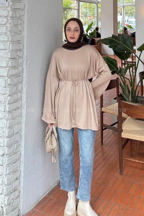 Lamelif Bağlama Detaylı Oysho Sweat Bej