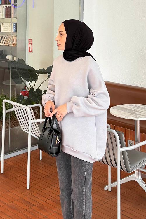 Lamelif Jasmin Bisiklet Yaka Oversize Sweat Açık Gri